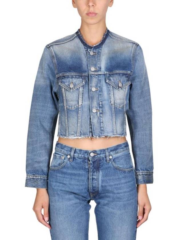 Women's Collarless Cropped Denim Jacket Blue - MAISON MARGIELA - BALAAN 2