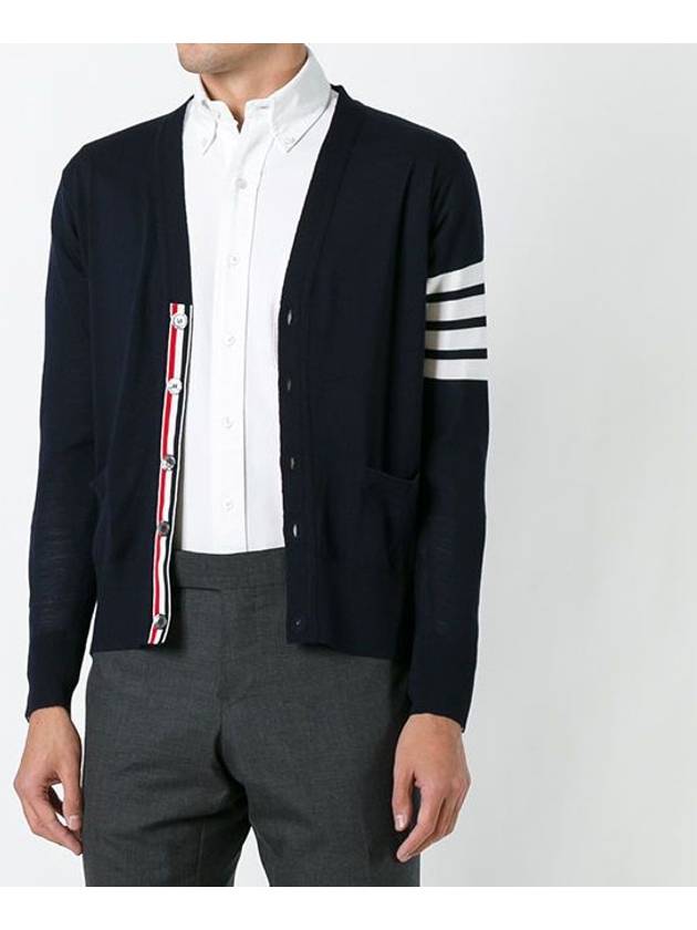 Men's Classic V-neck Merino Wool Cardigan Navy - THOM BROWNE - BALAAN 3