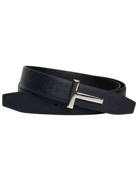 Silver Hardware T Logo Reversible Leather Belt Black Navy - TOM FORD - BALAAN 1