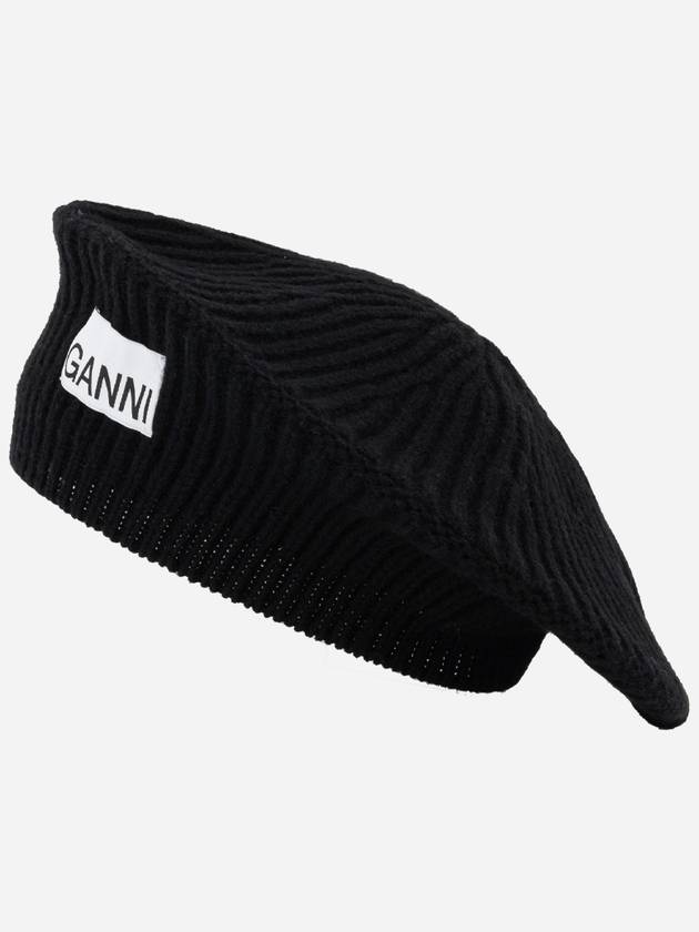 Logo Rib Edge Wool Beret Black - GANNI - BALAAN 3