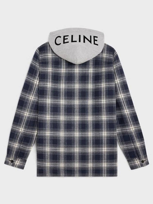 Check Cotton Hooded Oversized Shirt Jacket Navy - CELINE - BALAAN 2