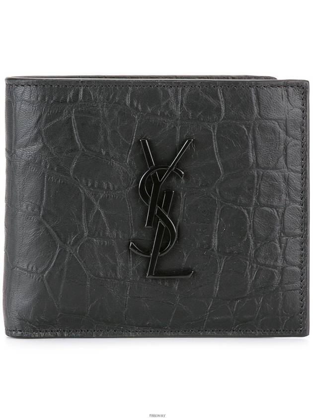 Men's Monogram Crocodile Leather Half Wallet Black - SAINT LAURENT - BALAAN 3