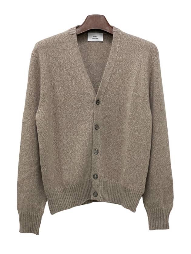 Heart Logo V-Neck Cashmere Cardigan Heather Champagne - AMI - BALAAN 3