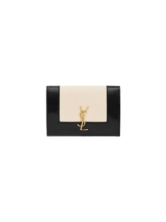Cassandra Business Card Case Lambskin and Brushed Leather Off White Black - SAINT LAURENT - BALAAN 1