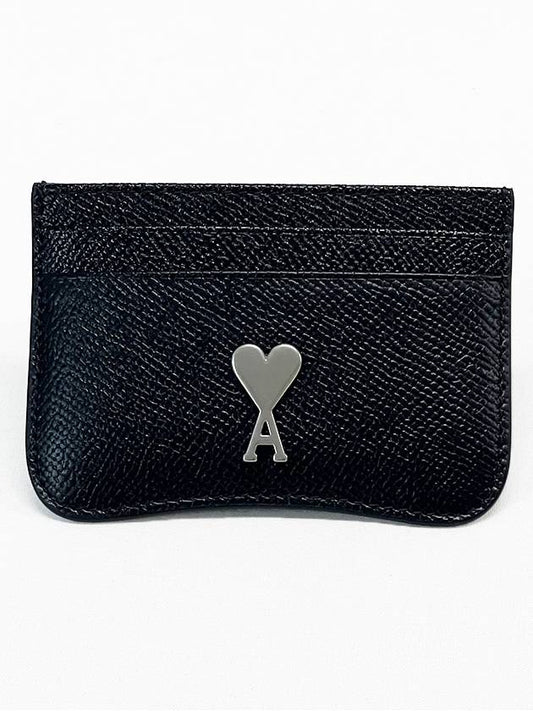 Silver Tone Heart Logo Plaque Leather Card Wallet Black - AMI - BALAAN 2