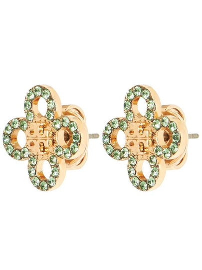 Tory Burch Kira Clover Pave Stud Small Earrings Green Gold - TORY BURCH - BALAAN 2