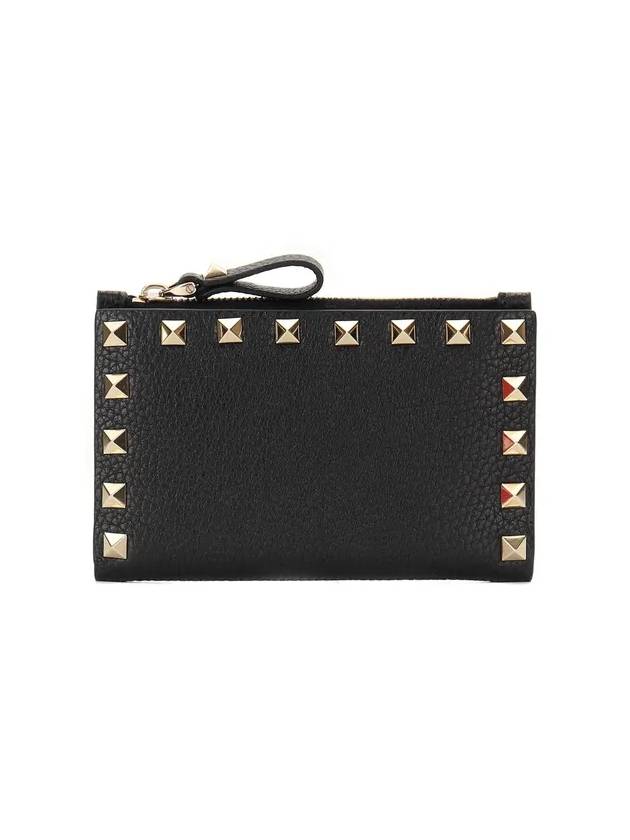 Rockstud Leather Zipper Card Wallet Black - VALENTINO - BALAAN 4