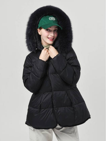 Women Fox Hood Trimming Opening Tape Decoration Down Padded Over Hip Black Jacket DO6242JK06 - DOYOUKNOWMC GOLF WEAR - BALAAN 1