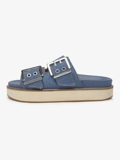 Double Buckle Strap Denim Slippers Blue - GANNI - BALAAN 2