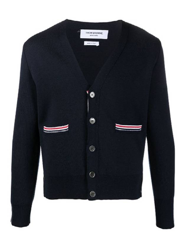 Men's Navy Side Intarsia Milano Stitch Wool Cardigan Navy - THOM BROWNE - BALAAN 2