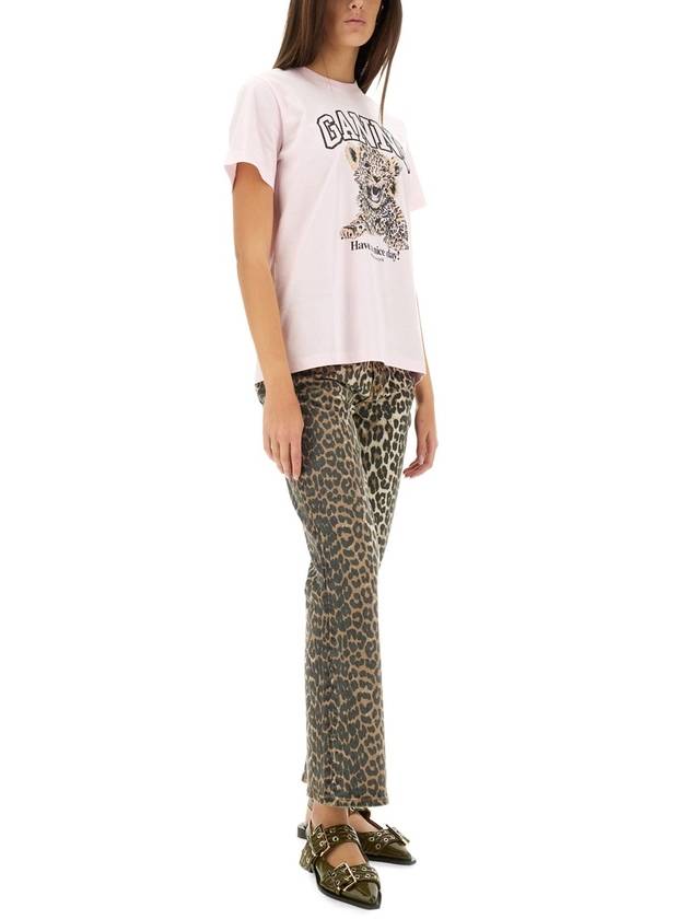 Leopard Print Cotton Short Sleeve T-Shirt Pink - GANNI - BALAAN 3