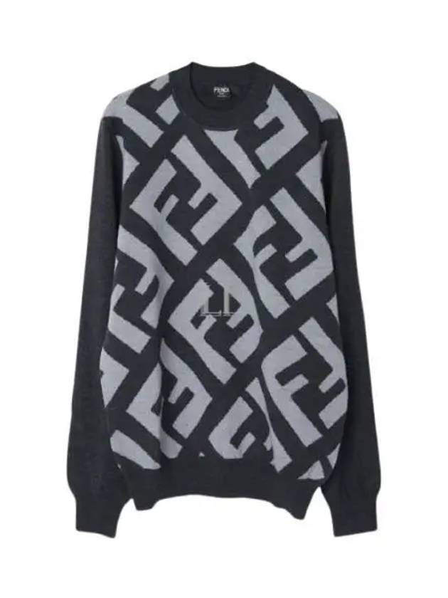 Monogram Jacquard Wool Crewneck Knit Top Grey - FENDI - BALAAN 2