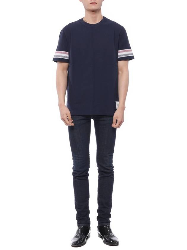 Textured Cotton Stripe Short Sleeve T-Shirt Navy - THOM BROWNE - BALAAN 4