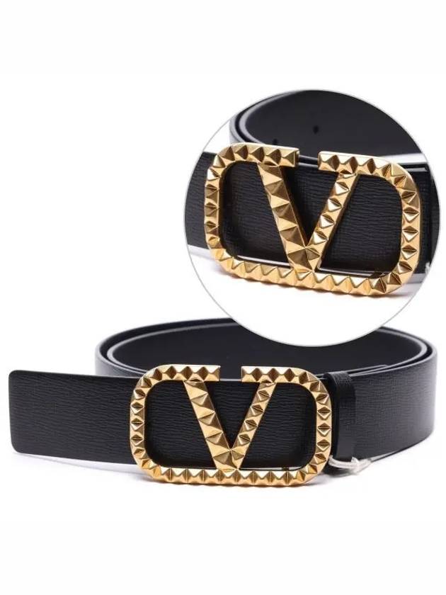 V Logo Gold Leather Belt Black - VALENTINO - BALAAN 2