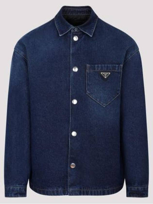 Triangle Logo Padded Denim Long Sleeve Shirt Navy - PRADA - BALAAN 1