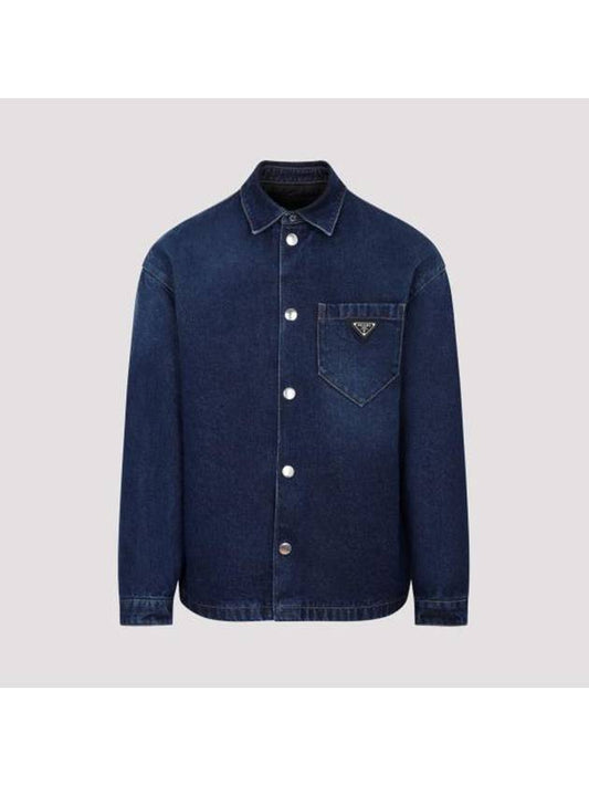 Triangle Logo Padded Denim Long Sleeve Shirt Navy - PRADA - BALAAN 1