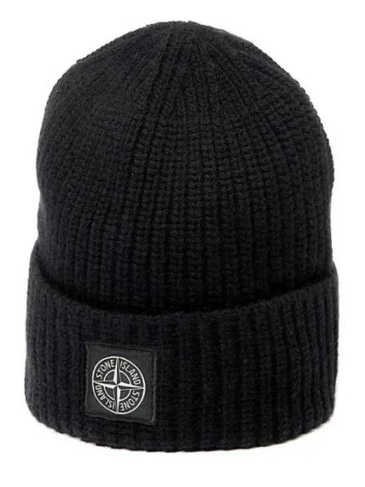 Logo Patch Rib Wool Beanie Black - STONE ISLAND - BALAAN 2