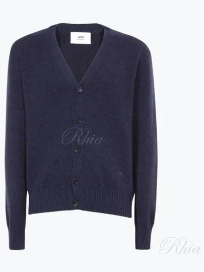 Heart Logo V Neck Cashmere Cardigan Navy - AMI - BALAAN 2