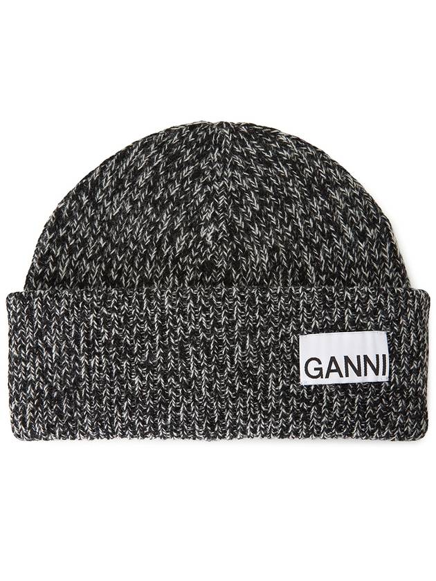 Logo Patch Ribbed Knit Beanie Black - GANNI - BALAAN 2