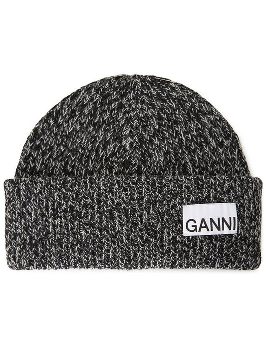 logo patch ribbed knit beanie black - GANNI - BALAAN 2