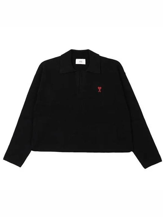 Small Heart Long Sleeve Polo Shirt Black - AMI - BALAAN 2