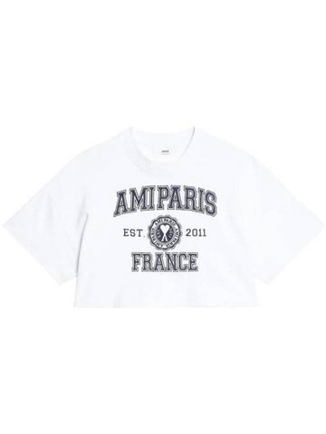 Embroidered Logo Crop Short Sleeve T-Shirt White - AMI - BALAAN 1