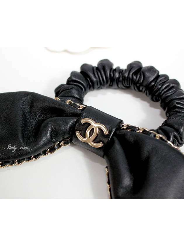 CC Chain Leather Ribbon Scrunchy Black - CHANEL - BALAAN.