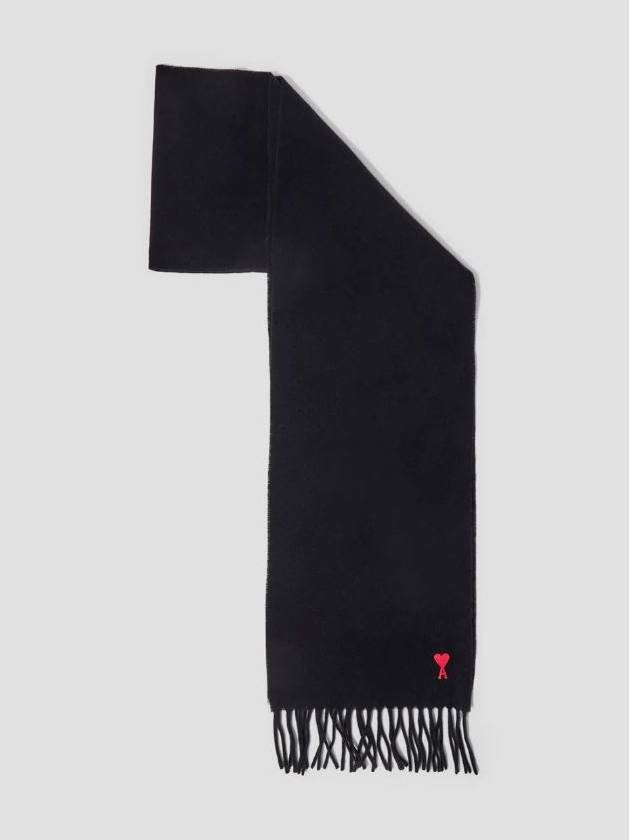 Small Heart Logo Classic Wool Fringe Scarf Black - AMI - BALAAN 4