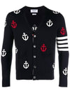 Anchor Intarsia 4-Bar V-Neck Cardigan Navy - THOM BROWNE - BALAAN 2