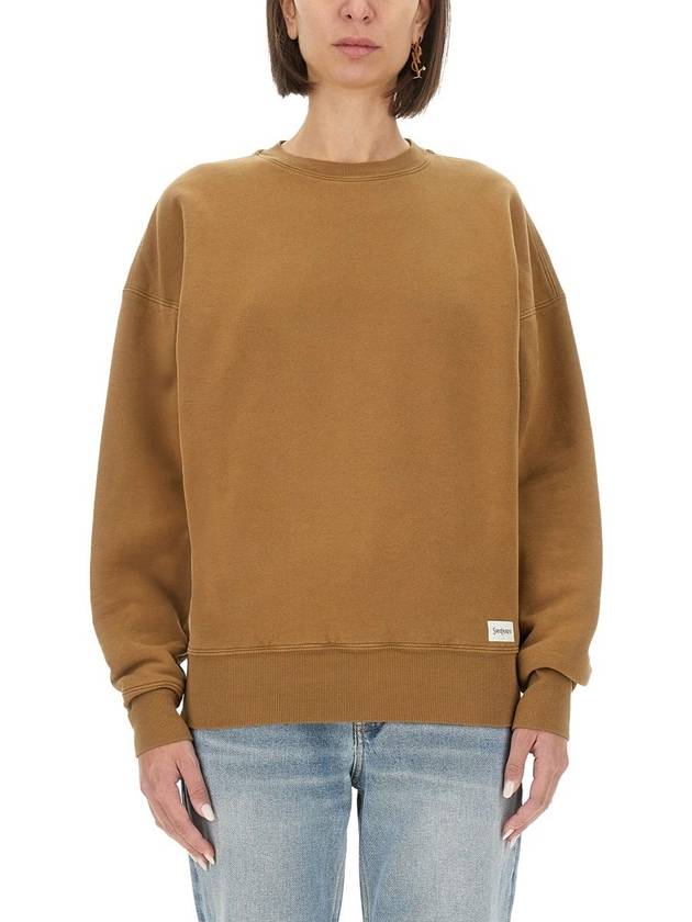 Crew Neck Sweatshirt Dark Beige - SAINT LAURENT - BALAAN 4