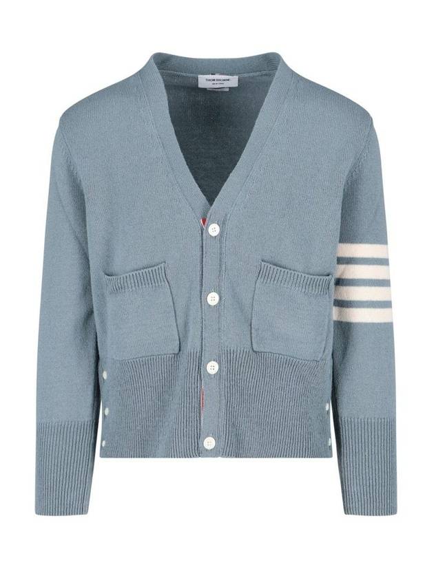 Men's Diagonal Stripe Stitch Classic Shetland Wool V-Neck Cardigan Blue - THOM BROWNE - BALAAN 1