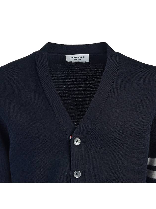 4-Bar V Neck Wool Cardigan Navy - THOM BROWNE - BALAAN 5