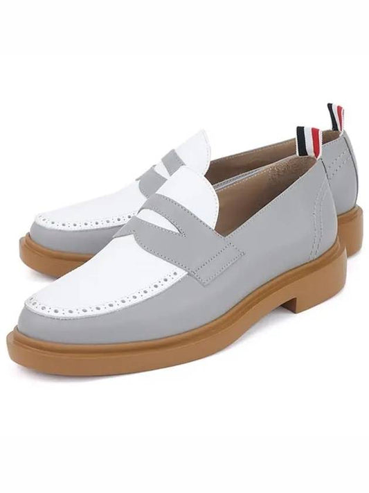 Vitello Calf Leather Penny Loafers White Gray - THOM BROWNE - BALAAN.