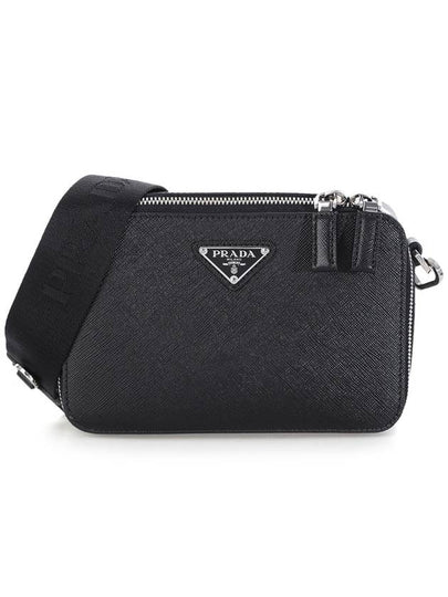 Brick Re-Nylon Saffiano Leather Triangular Logo Cross Bag Black - PRADA - BALAAN 2