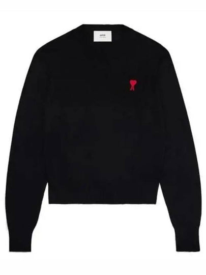 Heart Embroidered Logo Crew Neck Knit Top Black - AMI - BALAAN 2