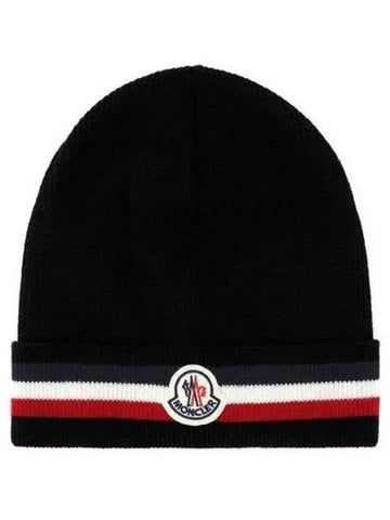 3B00028 A9575 999 Patch Logo Three Stripes Wool Beanie Black Hat TJ 271569 - MONCLER - BALAAN 1