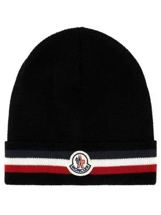 3B00028 A9575 999 Patch Logo Three Stripes Wool Beanie Black Hat TJ 271569 - MONCLER - BALAAN 1