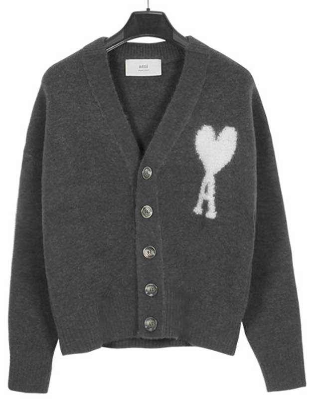 Intarsia Logo Knit Cardigan Dark Grey - AMI - BALAAN 2