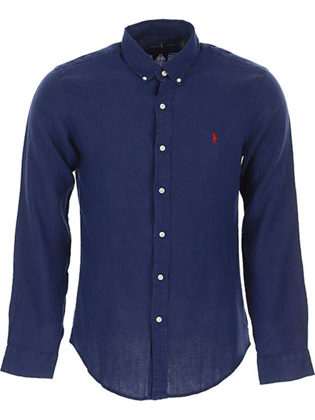 Embroidered Pony Linen Long Sleeve Shirt Navy - POLO RALPH LAUREN - BALAAN 3