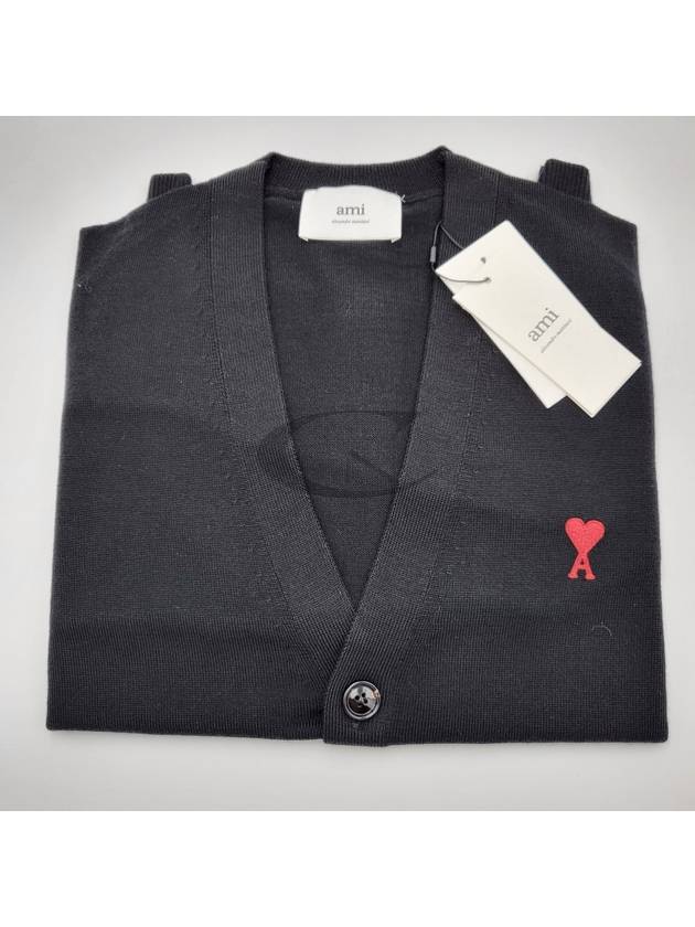 Red Heart Logo Merino Wool Cardigan Black - AMI - BALAAN 4