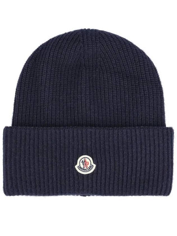 3B00048 M1241 750 Logo Patch Navy Wool Beanie - MONCLER - BALAAN 1