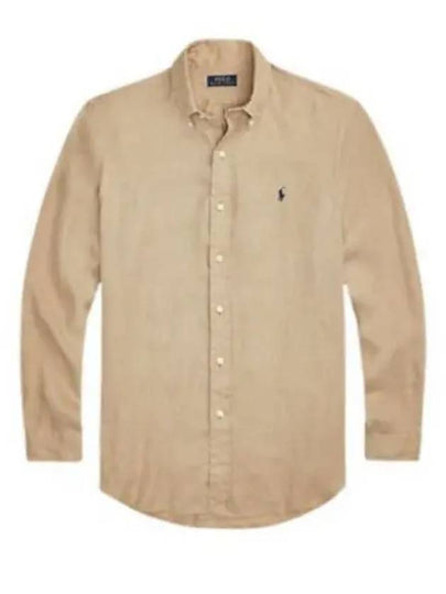 Embroidered Logo Linen Long Sleeve Shirt Brown - POLO RALPH LAUREN - BALAAN 2