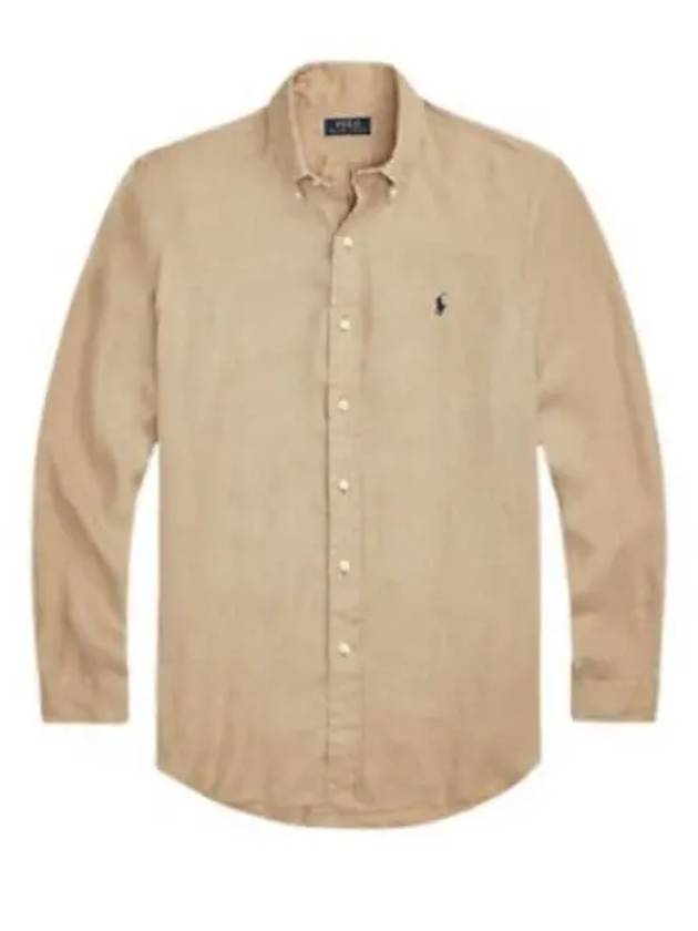 Embroidered Logo Linen Long Sleeve Shirt Brown - POLO RALPH LAUREN - BALAAN 2