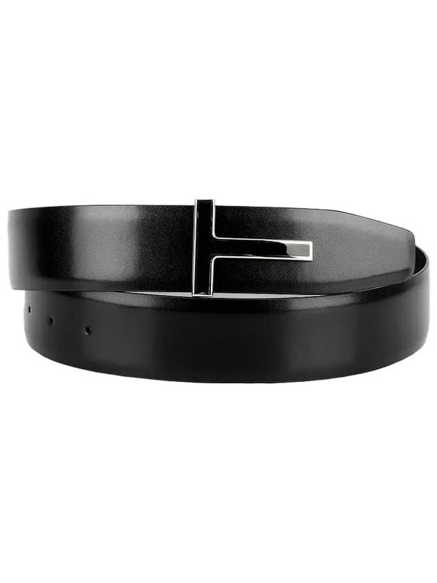 Silver T Logo Buckle Double-Sided Leather Belt Black - TOM FORD - BALAAN 2