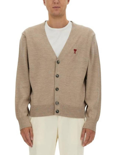 Red Heart Logo Merino Wool Cardigan Beige - AMI - BALAAN 2