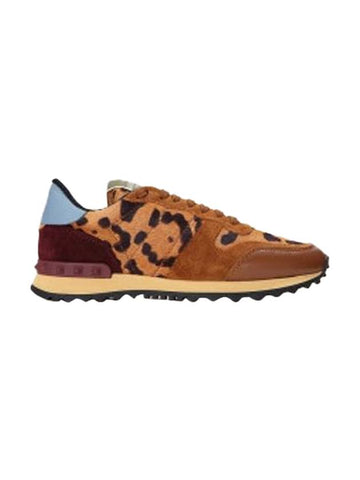 Leopard Rock Stud Low Top Sneakers Brown - VALENTINO - BALAAN.