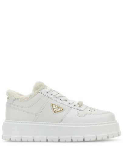 Logo Shearling Lining Leather Low Top Sneakers White - PRADA - BALAAN 2