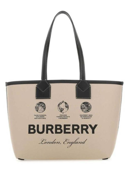 Label Print Small London Cotton Leather Tote Bag Beige - BURBERRY - BALAAN 1