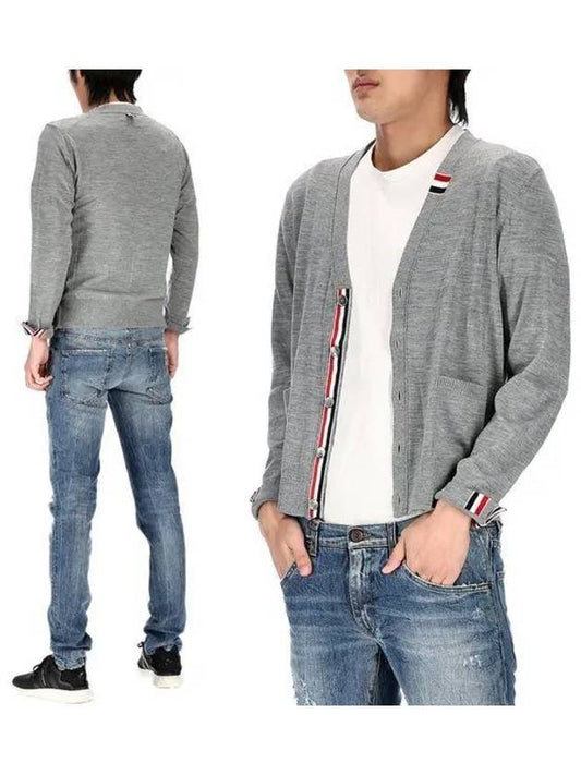 Men's Jersey Stitch V-Neck Cardigan Light Grey - THOM BROWNE - BALAAN 2