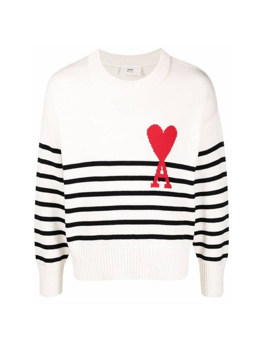 Striped Big Heart Logo Knit Top White - AMI - BALAAN.